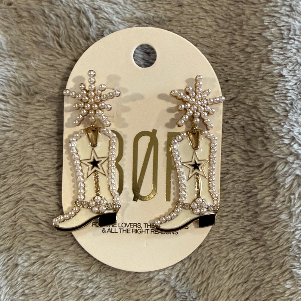 Pearl-Trim White Cowboy Boot Earrings with Star Accent